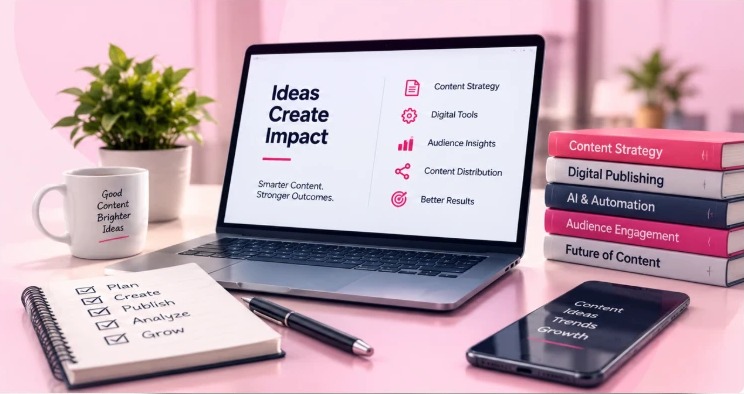 A laptop showing Ideas Create Impact on a pink desk, with a plan checklist notebook, a mug, a phone and a stack of content strategy books